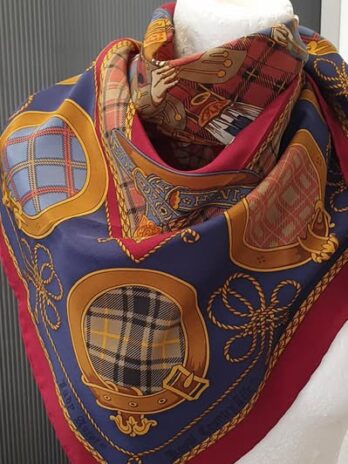 Tuch “ Lady Ascot “ in Weinrot/Blau/Ocker 100% Seide handgerollt