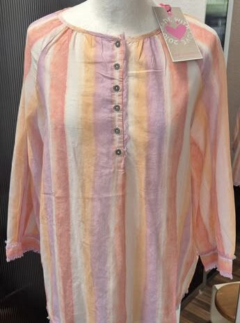 Bluse “ Lieblingsstück “ Größe 40 in Flieder/Orange/Coralle gestreift NEU! 100% Baumwolle