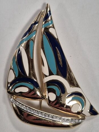Brosche “ Pierre Lang “ Segelschiff in Gold/Beige/Blau/Türkis