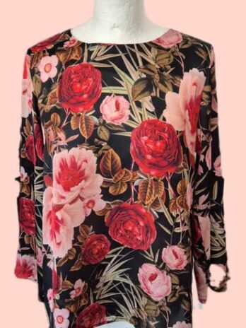 Bluse “ Hallhuber “ Größe 36 in Schwarz/Rot/Rosa/Floral gemustert