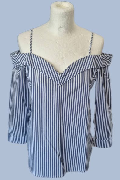 Carmenbluse " Koolook " Größe 36/38 in Blau/Weiß gestreift 80% Rayon