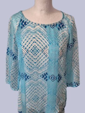 Bluse “ Sophie “ Größe 38 in Türkis/Blau gemustert 100% Seide