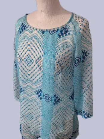 Bluse “ Sophie “ Größe 38 in Türkis/Blau gemustert 100% Seide