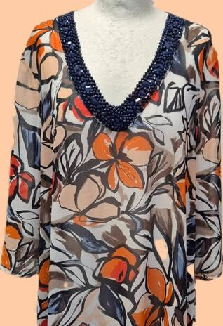 Tunikabluse “ Madeleine “ Größe 46 in Blau/Terracotta/Nude/Rot bestickt Viscose