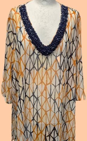 Tunikabluse “ Madeleine “ Größe 46 in Blau/Orange/Beige bestickt Viscose