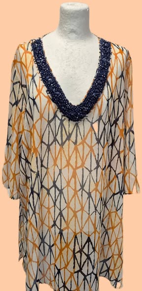 Tunikabluse " Madeleine " Größe 46 in Blau/Orange/Beige bestickt Viscose