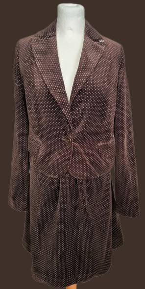 Kostüm " So French " Größe 36/38 in Schokobraun/Petrol/Samt getupft (Blazer Gr.36 Rock Gr.38)