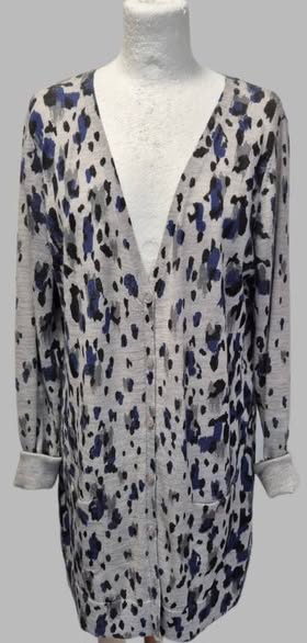 Longcardigan " Jette Joop " Größe 40/42 in Hellgrau/Schwarz/Royalblau/Animalprint gemustert 100% Merinowolle