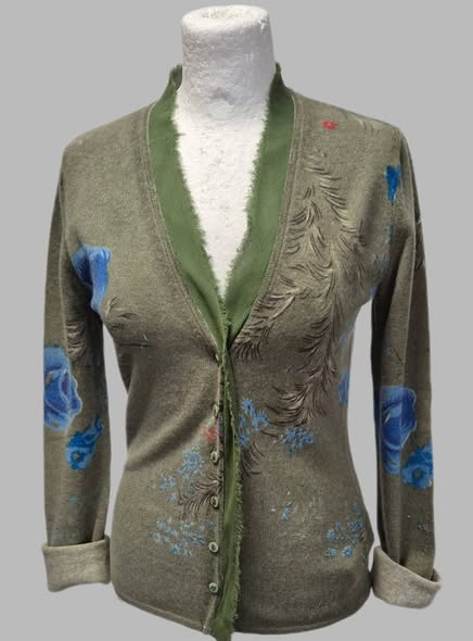Cardigan " Luisa Cerano " Größe 36 in Moosgrün/Royalblau floral 100% Cashmere