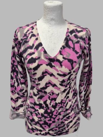 Pulli “ Madeleine “ Größe 36 in Pink/Hellgrau/Offwhite gemustert 90% Schurwolle 10% Cashmere